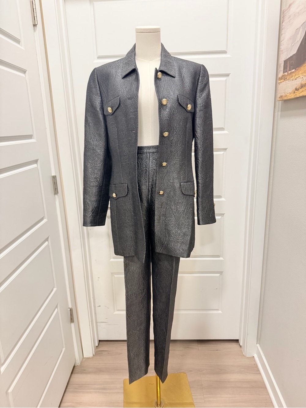Escada Charcoal Gray Textured Silk-Virgin Wool Two-Piece Suit with Gold Buttons - Picture 4 of 13